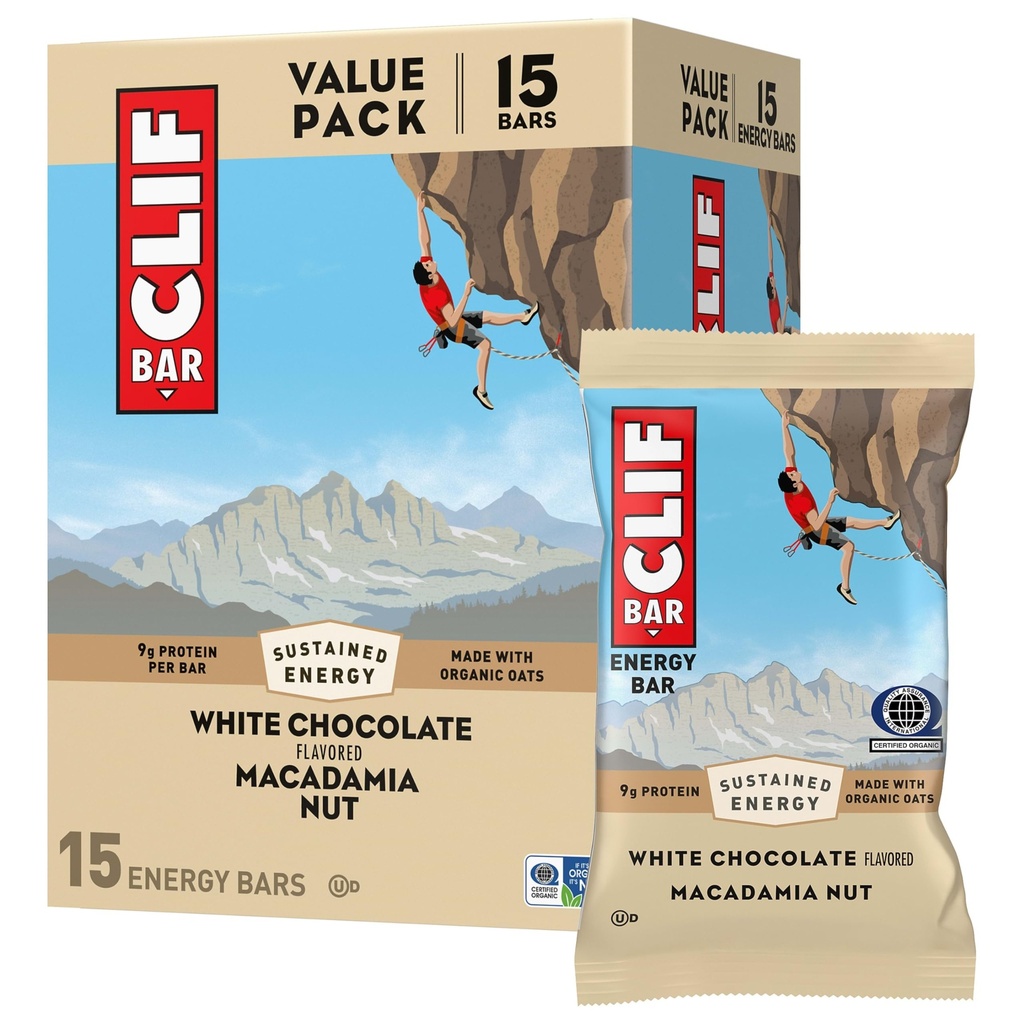 CLIF BAR - Energy Protein Bars - Hvid chokolade Macadamia Nut - Lavet med Økologisk Havre - Energy Bars - Ikke-GMO - (15 Pack)