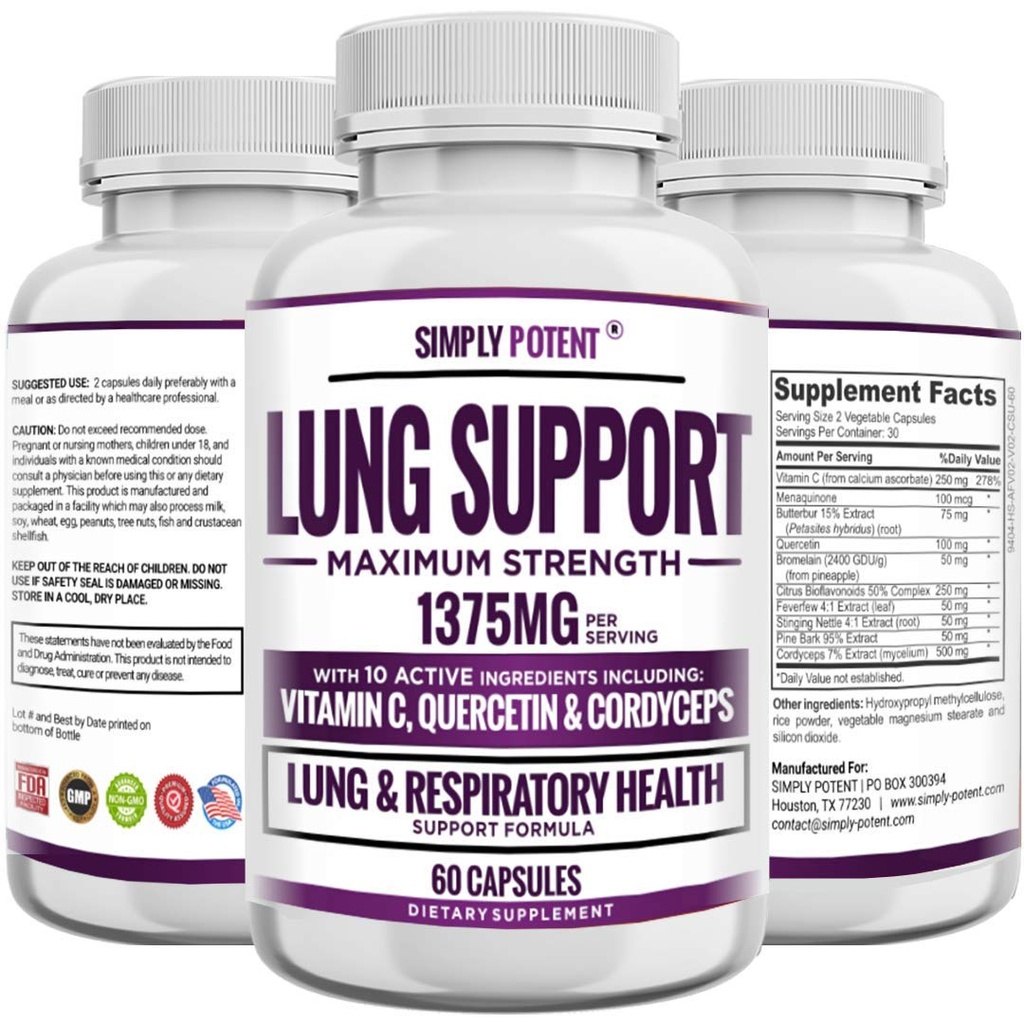 Lung Support Supplement til Lung Cleanse & Detox, Omfattende Formel - Quercetin med Bromelain Nettle Vitamin C K2 & 500 mg Cordyceps til Lung Sundhed, Luftveje & Bronchial Support, 60 kapsler