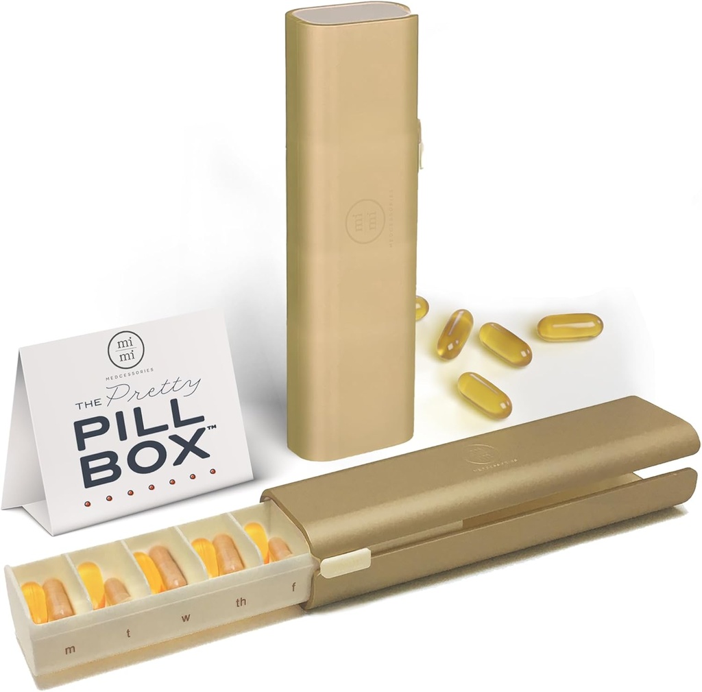 Pretty Pill Box Set - Stilfuld, Kompakt Daily Pill Organizer, Medication Pill Case, Pill Container for Vitamin Management, Pill Holder, Rejse Essentials for Kvinder & Mænd - Champagne