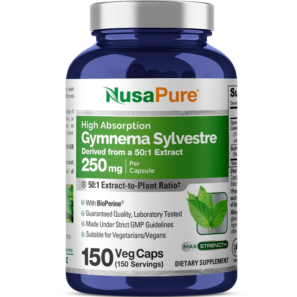NusaPure Gymnema Sylvestre 50: 1 Extract, 250 mg Ækvivalent med 12,500mg Per Vegan Caps - 150 Count (non-GMO, Vegan, Bioperine)
