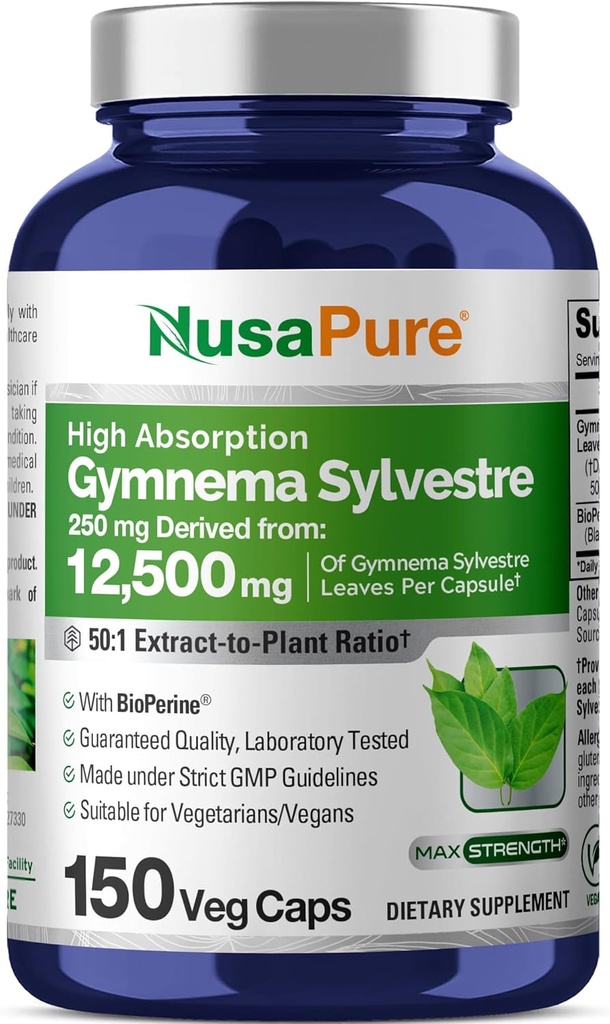NusaPure Gymnema Sylvestre 50: 1 Extract, 250 mg Ækvivalent med 12,500mg Per Vegan Caps - 150 Count (non-GMO, Vegan, Bioperine)