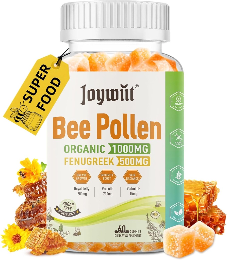 Bee Pollen 1000mg Sugar Free Gummies, w / Fenugreek, Royal Jelly, Propolis, Organic Bee Pollen Chewable Supplement for Women, Rich in Vitamin E, Immunity & Hudpleje, 60 Counts