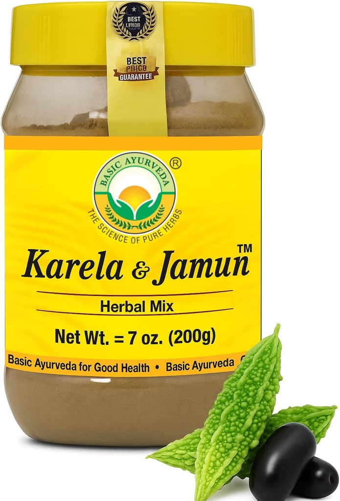 BASIC AYURVEDA Karela & Jamun Herbal Mix Powder Budd124; Traditional Bitter Gourd & Indian BlackBerry Blend Budd124; Natural Plant- Based Supplement for Daily Routine & Lifestyle Support Budding124; 7.05 Oz (200g)