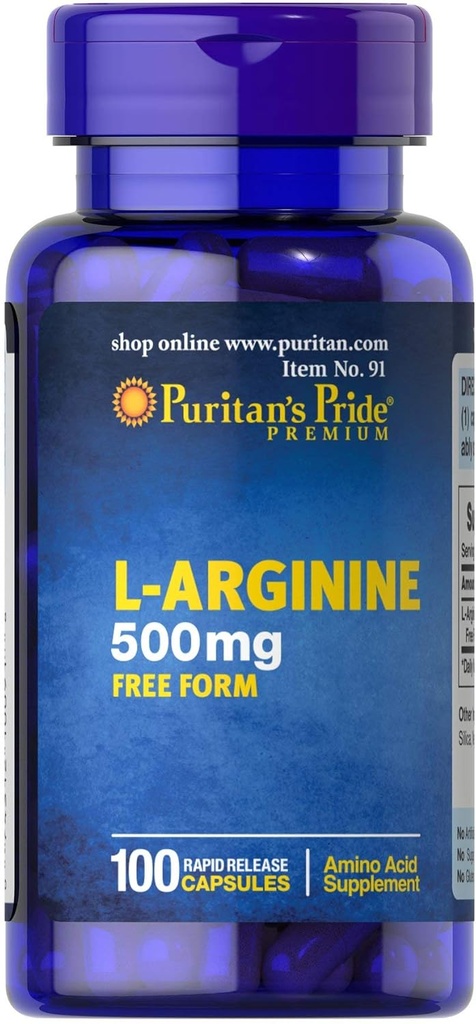 Puritans Pride L- arginin 500 mg, Heart Health Support, 100 Greve