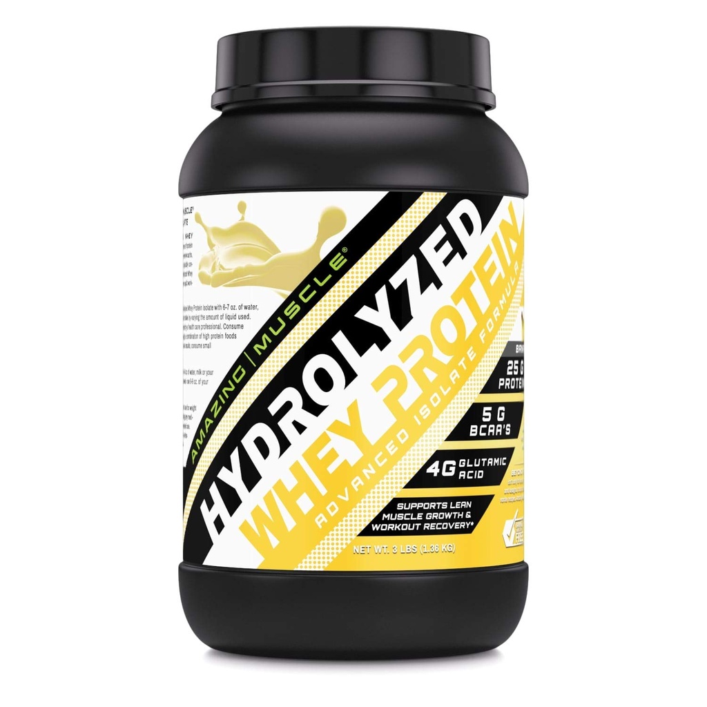 Amazing Muscle Hydrolyzed Whey Protein Isolate | 25 Grams | Powder Supplement | Non-GMO | Made in USA (3 LB, Banana)