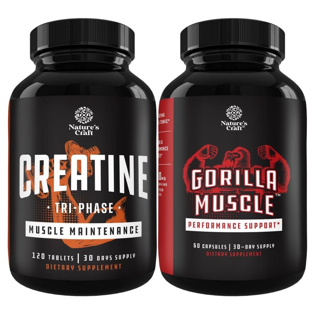 Bundle of Tri fase Creatinin Pills 5g og ekstra styrke Test Booster for mænd - Muskel Mass Gainer og Muscle Recovery Creatin HCL Pyruvate - Natural Energy Supplement med Horny Geat Weed
