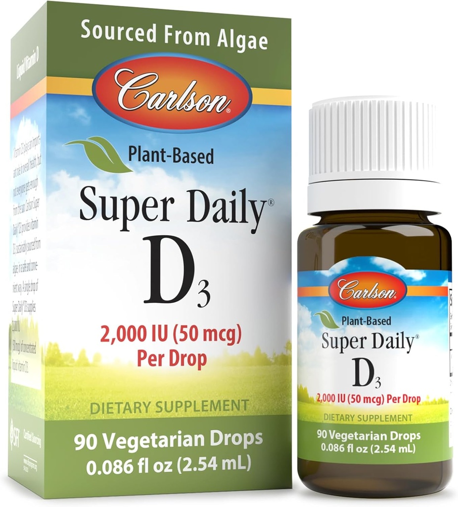 Carlson - Plant- based Super Daily D3 2000 IE (50 mcg) per drop, Vegetarisk D-vitamin dråber, flydende vitamin D3, sourced from Algae, Unflavored, 90 Drops (2,54 ml)
