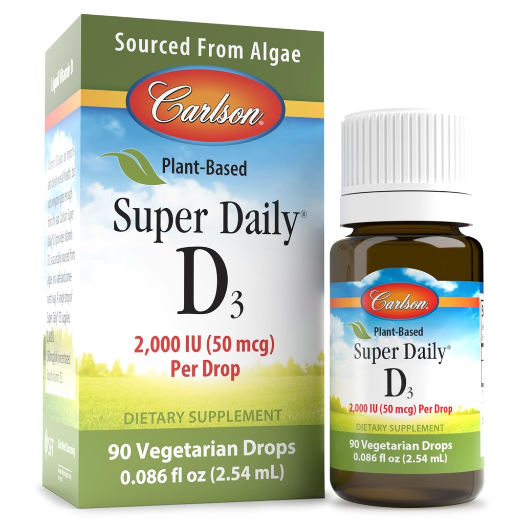 Carlson - Plant- based Super Daily D3 2000 IE (50 mcg) per drop, Vegetarisk D-vitamin dråber, flydende vitamin D3, sourced from Algae, Unflavored, 90 Drops (2,54 ml)