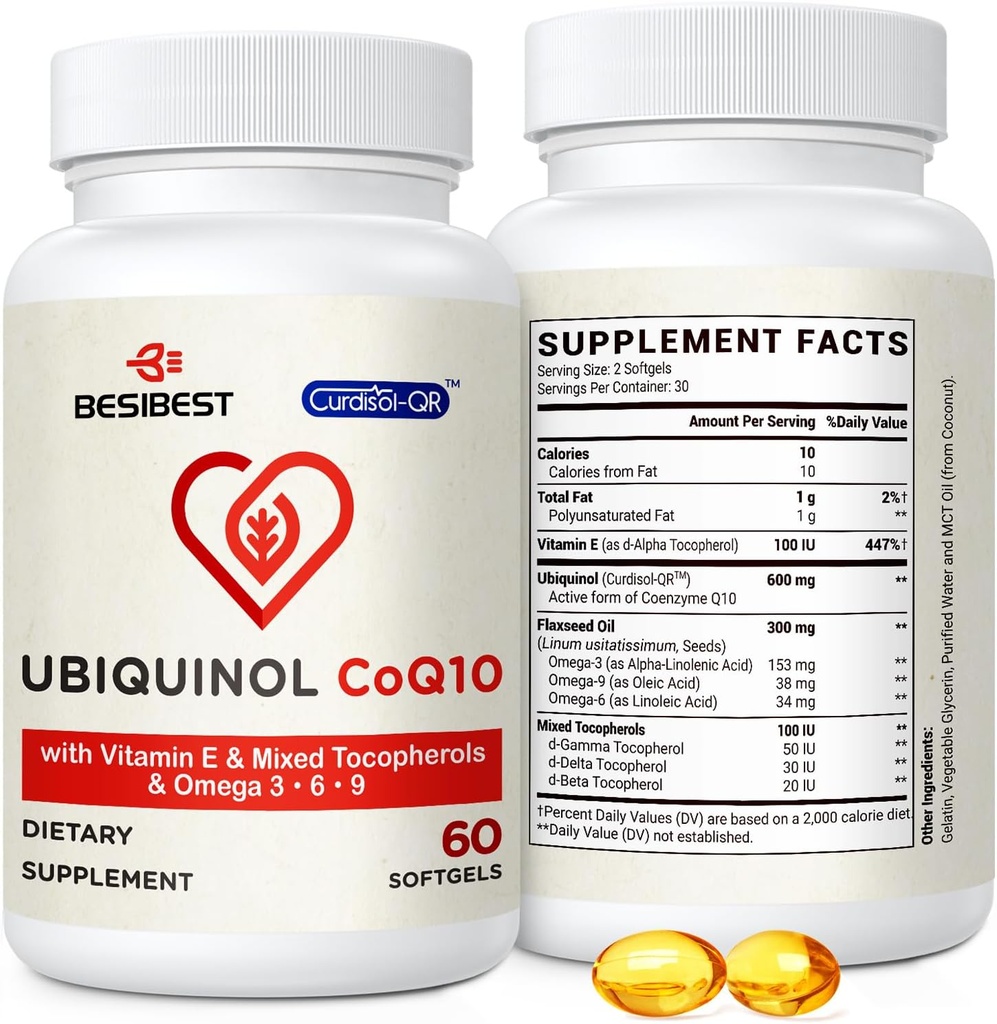 Ubiquinol CoQ10-600mg-Softgel, Active Coq10 Ubiquinol Supplement with Vitamin E & Omega 3, 6, 9, High Absorption-Coenzyme-Q10, Powerful Antioxidant for Energy Production, Tested, 60 Count