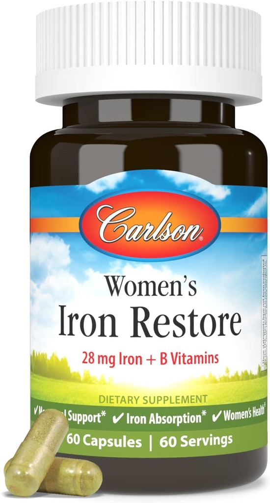 Carlson - Women 's Iron Restore, 28 mg Iron + B Vitamin, Menstruel Support, Iron Absorption & Women' s Health, 60 kapsler