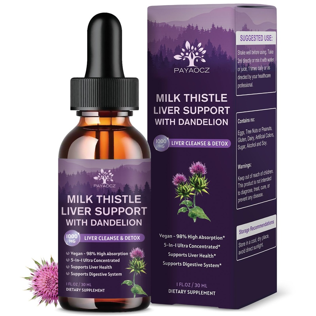 (2 Pack) Mælk Thistle Liquid Drops Silymarin 1000mg, Lever supplement Detox & Rense med Mælkebøtte & Artichoke, Mælk Thistle Organic Extract for Support Reparation Leversundhed, Vegan, Non- GMO, 1 Fl Oz