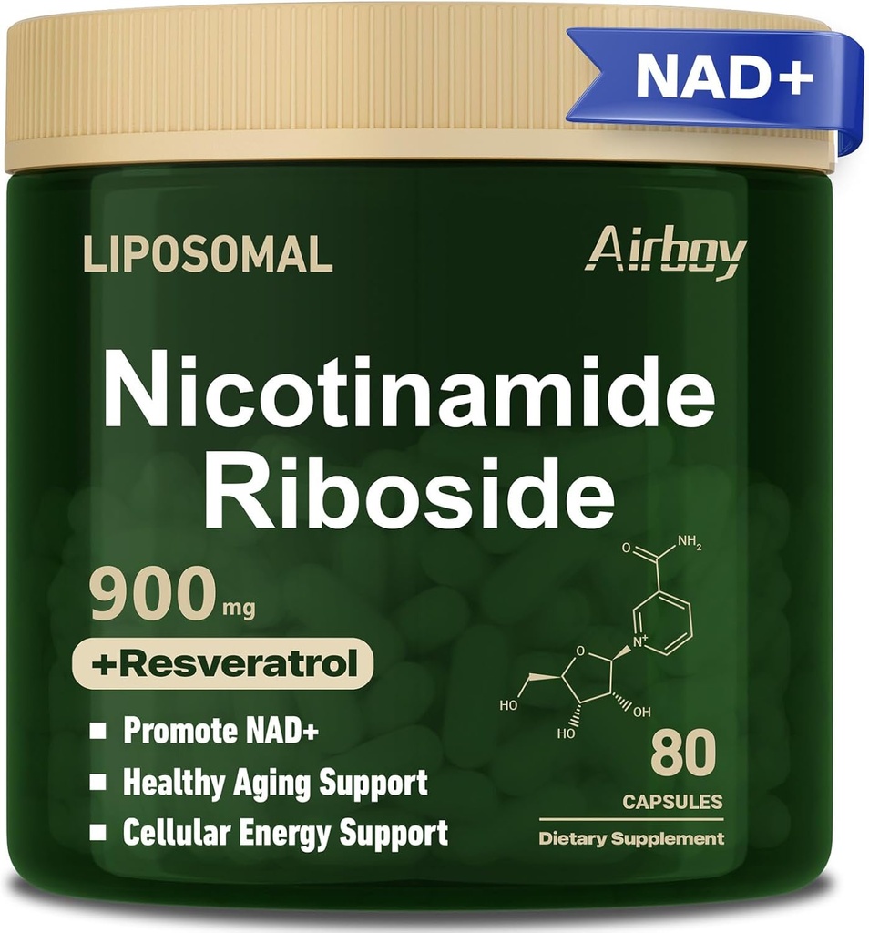 Airboy Liposomal Nicotinamid Riboside 900 mg, NAD tillæg med Resveratrol & Quercetin, Third- Party Testet, Anti- Aging, Energi, Focus - 80 Greve
