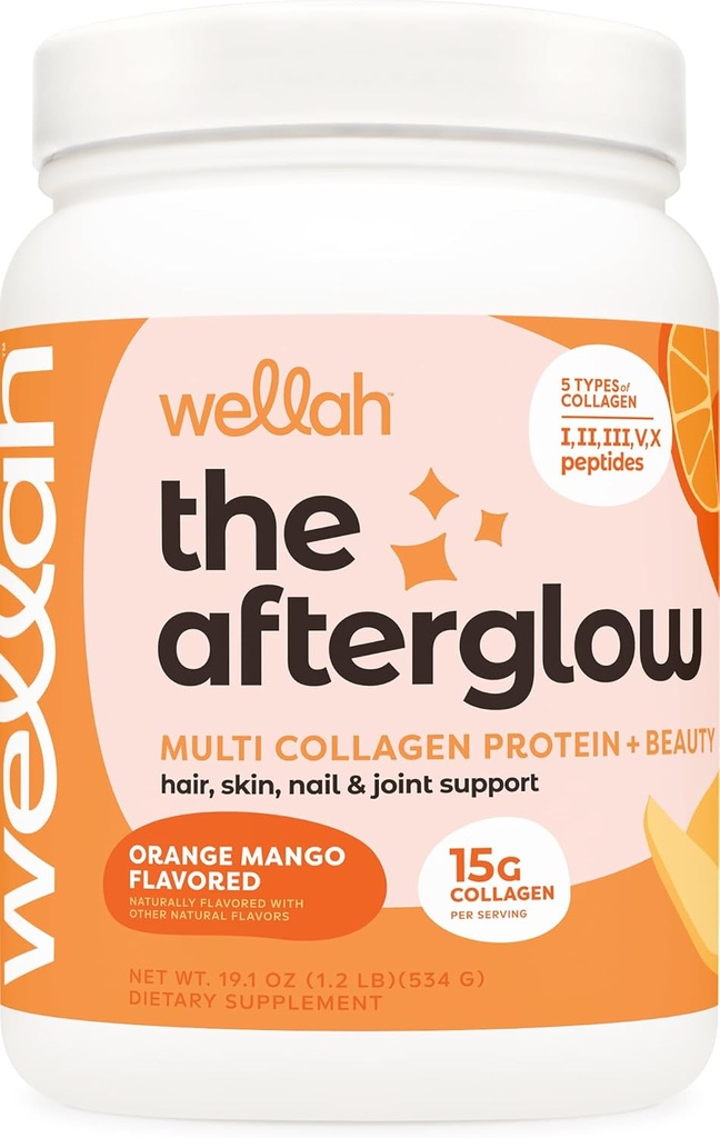 Wellah The Afterglow Multi Collagen Protein + Skønhed (30 Servere, Orange Mango) - Hår, Hud, Nail & fælles støtte - Non- GMO og Gluten Free