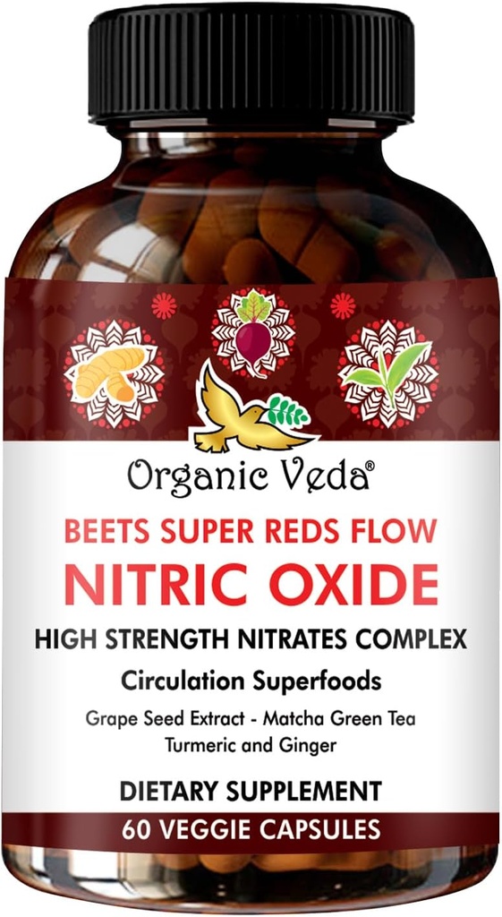 Organic Veda Beet Root Grape Seed & Red Spinach Nitrooxid Kapsler - Koncentrerede Beets Nitrater Kosttilskud med cirkulering Booster Green Tea Extract, Gurkemeje, Pomegranat - 60 Vegansk piller