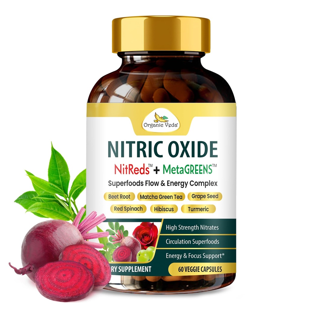 Organic Veda Nitric Oxide Booster NitReds Nitrates Complex - MetaGreens Energy & Wellness Supplement for Men & Women - Superfood with Beet Root, Red Spinach - 60 Vegan Capsules