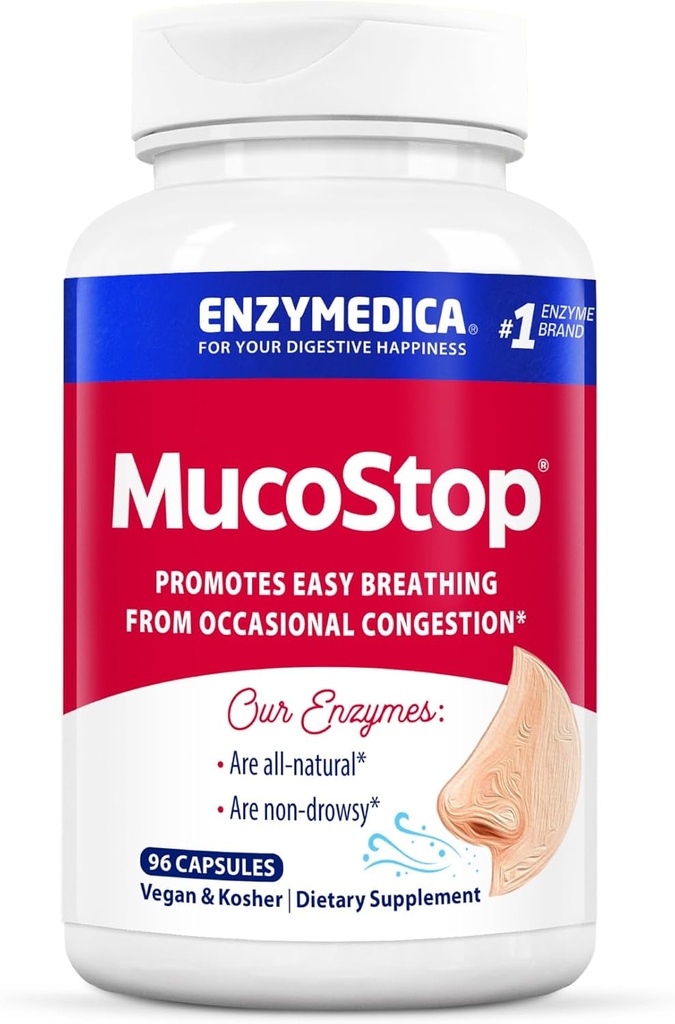 Enzymedica, MucoStop, Natural Enzyme Supplement, Relieves Sæsonbestemt eller lejlighedsvis Congestion, Understøtter Easy Breathing, 96 Greve