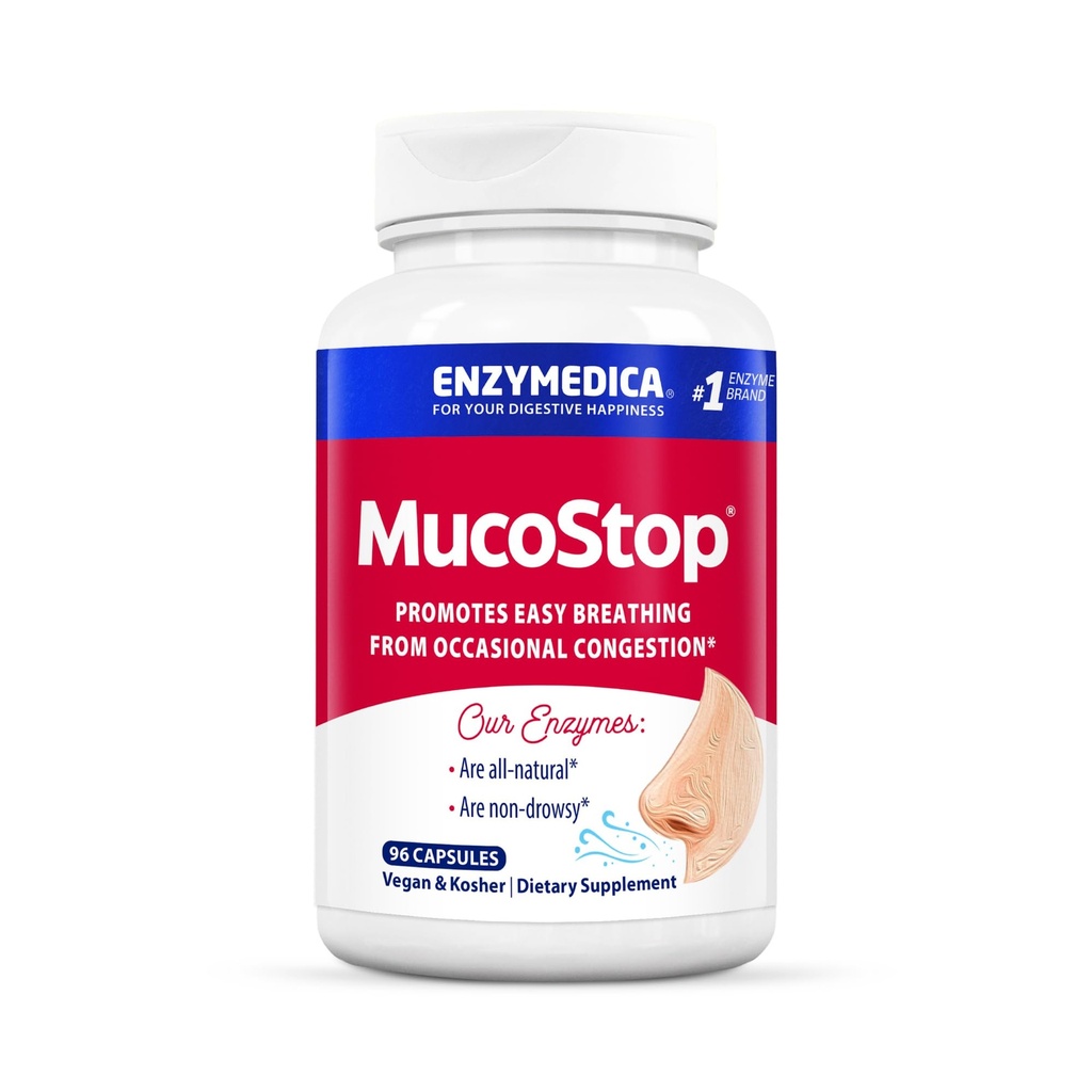Enzymedica, MucoStop, Natural Enzyme Supplement, Relieves Sæsonbestemt eller lejlighedsvis Congestion, Understøtter Easy Breathing, 96 Greve