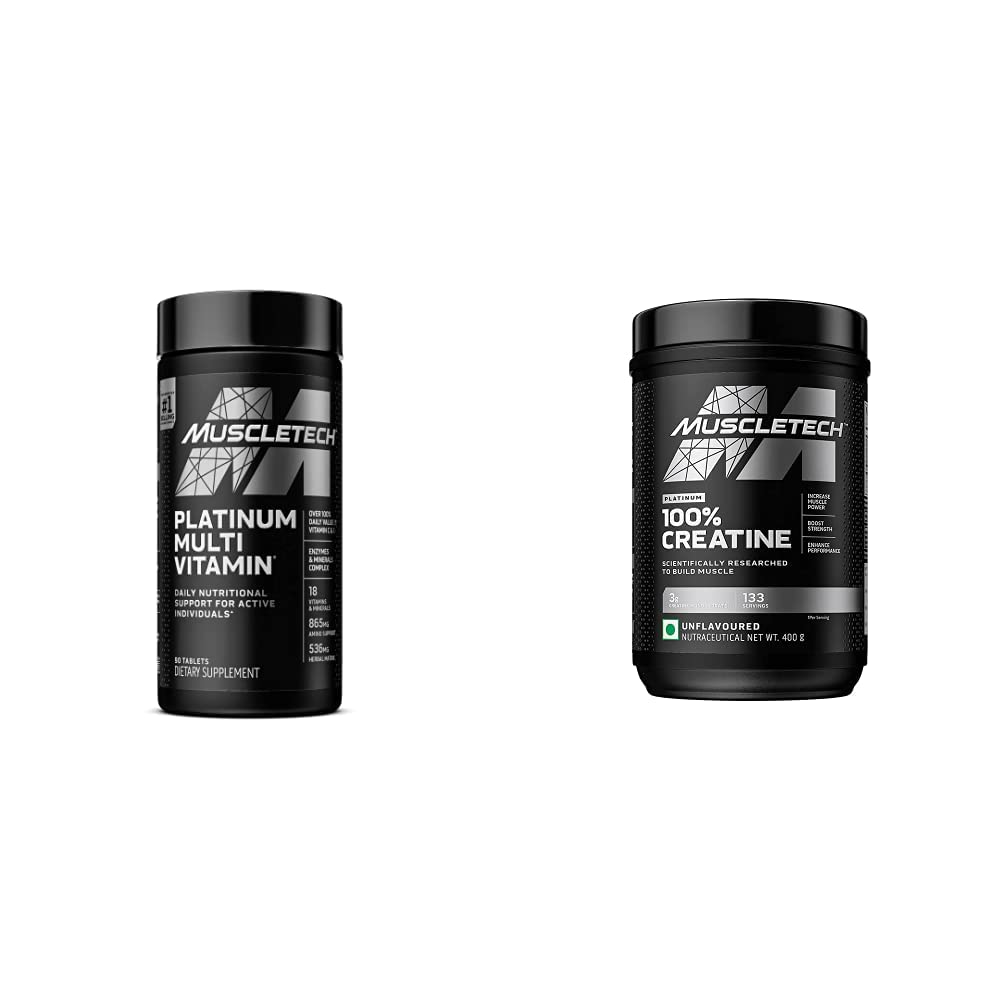 MuscleTech Creatinine Monohydrat Powder Platinum Pure Mikronized Muscle Recovery + Builder & Platinum Multivitamin til immunstøtte 18 Vitaminer og mineraler