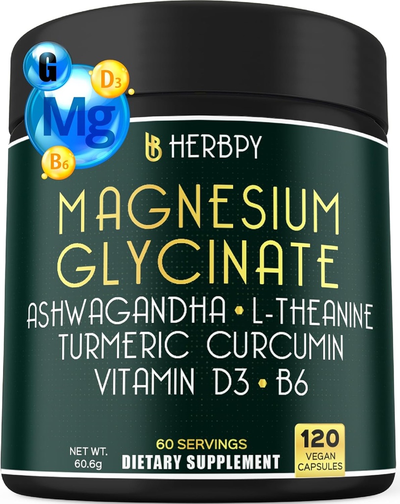 6in1 Restaured Day and Night Supplement med Magnesium Glycinate, D3- vitamin, B6, L- Theanin, Ashwagandha og gurkemeje Root - hjerne, hjerte og fordøjelsessygdomme support - 120 Veganske kapsler