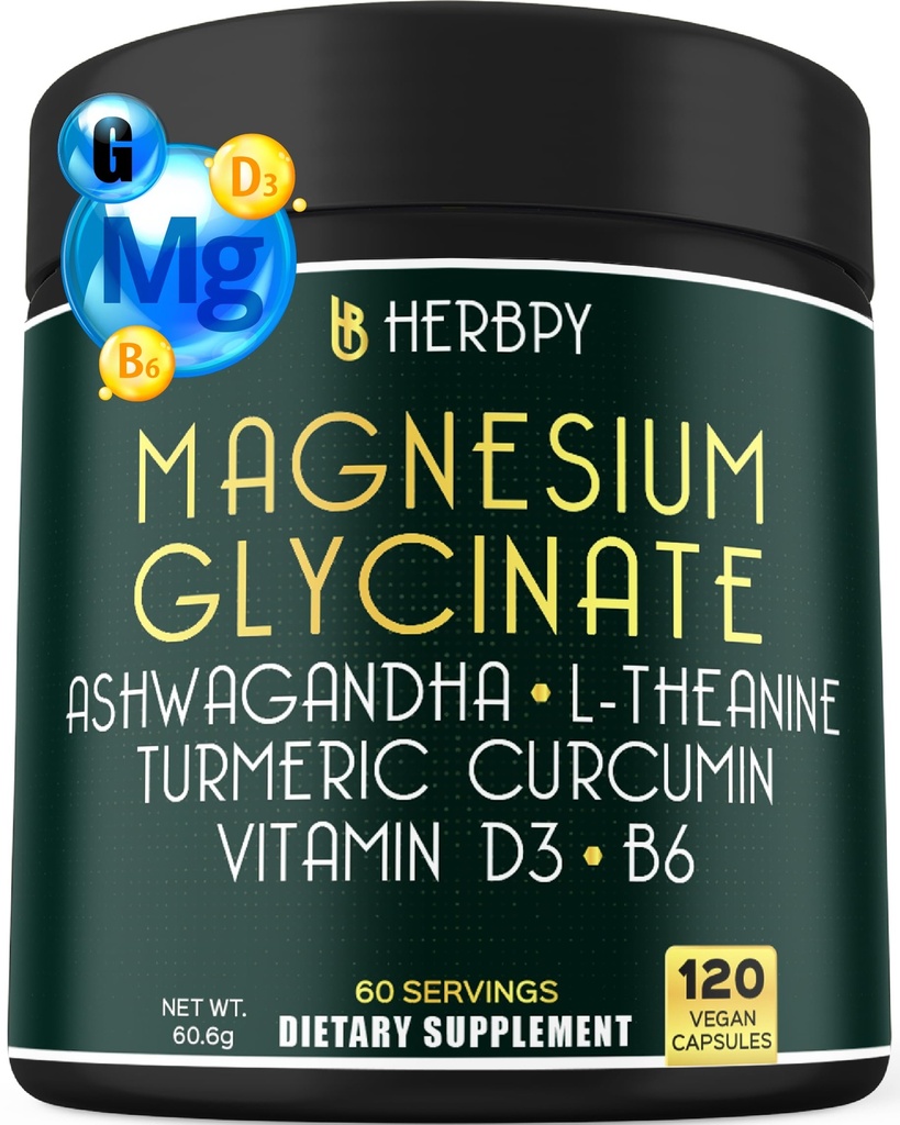 6in1 Restaured Day and Night Supplement med Magnesium Glycinate, D3- vitamin, B6, L- Theanin, Ashwagandha og gurkemeje Root - hjerne, hjerte og fordøjelsessygdomme support - 120 Veganske kapsler