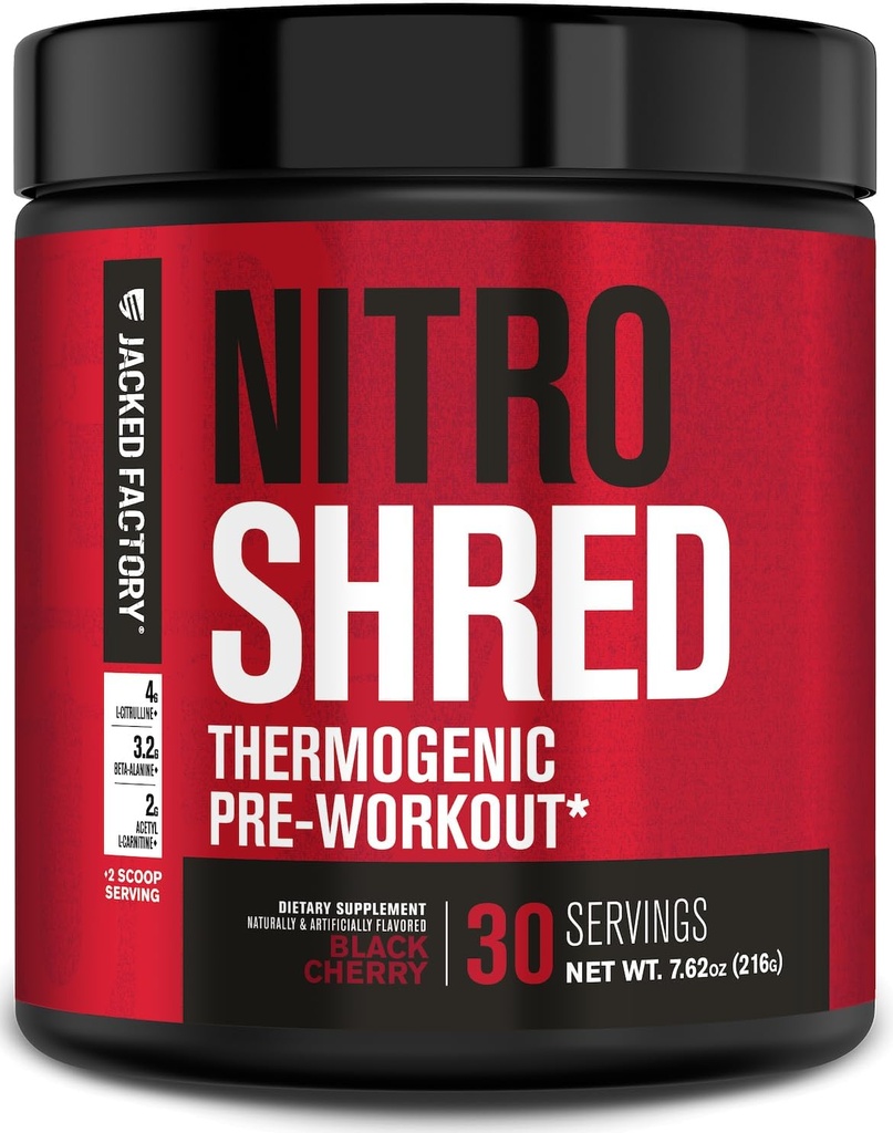 Jacked Factory NITROSURGE Shred Pre Workout Supplement - Energy Booster, Instant Strength Gains, Sharp Focus, kraftfulde Pumper - Nitrooxide Booster & PreWorkout Powder - 30Sv, Black Cherry