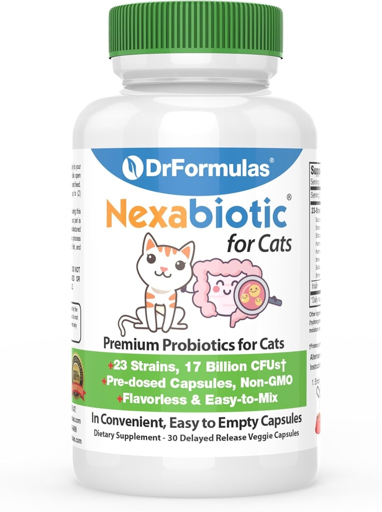 DrFormulas Nexabiotic Probiotika til katte Pulver • 124; Treatings Diarré til kæledyr med Saccharomyces Boulardii Lactobacillus Acidophilus, Bedste Probiotika supplement til fordøjelsessygdomme 30 Capsule
