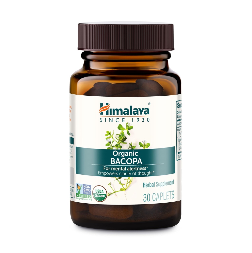Himalaya Organic Bacopa - Bacopa Monnieri Herbal Brain Support for Memory and Focus Support - USDA Organic, Vegan, Non- GMO, Gluten Free, 750 mg, 30 Caplets