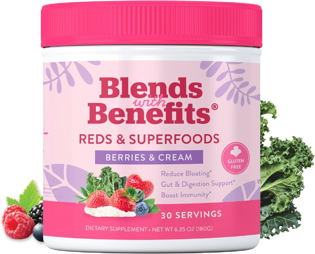 360 Nutrition Blandinger med fordele Reds & Superfoods for Natural Antioxidants and Polyphenols, med Frugt & Veggies, Probiotika fordøjelse, Daglig energi - Bær & fløde - 30 Servering
