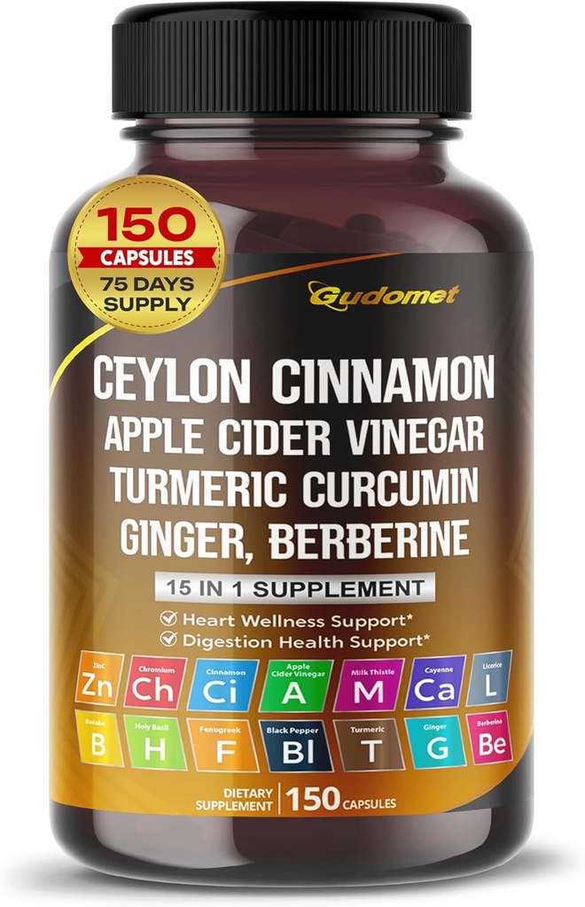 Ceylon Cinnamon Æble Cider Vineddike Gurkemeje Ginger Root Berberine Gymnema sylvestre Milk Thistle Licorice -150 Capsules - Made in USA