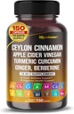 Ceylon Cinnamon Æble Cider Vineddike Gurkemeje Ginger Root Berberine Gymnema sylvestre Milk Thistle Licorice -150 Capsules - Made in USA
