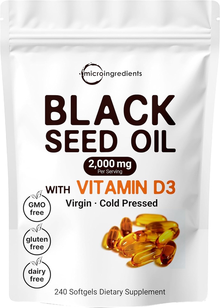 Micro Ingredients Black Seed Oil 2000 mg with Vitamin D3 1000 IE, 240 Softgels against 124; Cold Pressed - Nigella Sativa piller fra Egypten, Virgin Oil, Odorless, Non- GMO & No Gluten