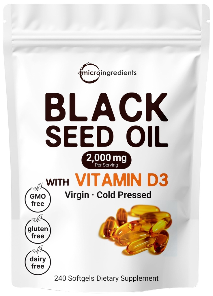Micro Ingredients Black Seed Oil 2000 mg with Vitamin D3 1000 IE, 240 Softgels against 124; Cold Pressed - Nigella Sativa piller fra Egypten, Virgin Oil, Odorless, Non- GMO & No Gluten