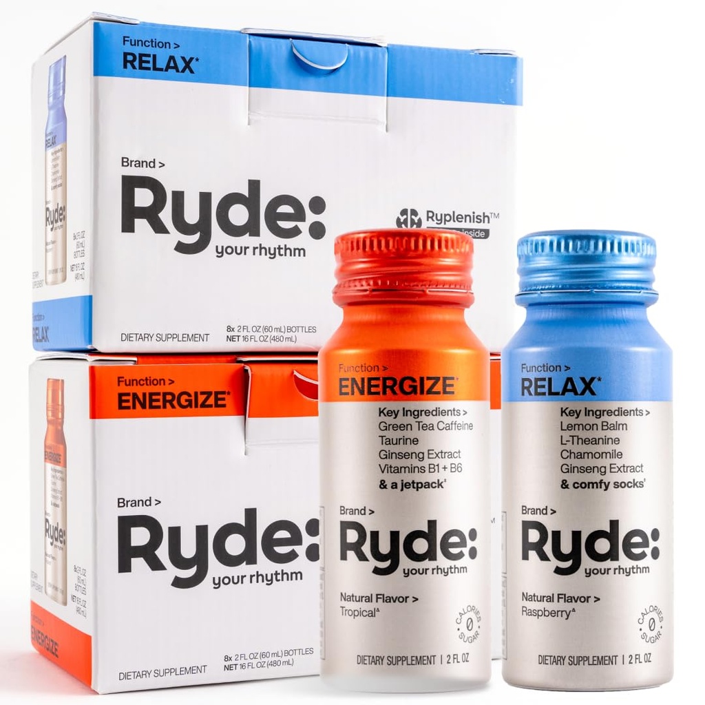 RYDE Shots szág 124; Energize + Slap af 124; Essential B Vitamin, Ginseng, Kamille og Koffein