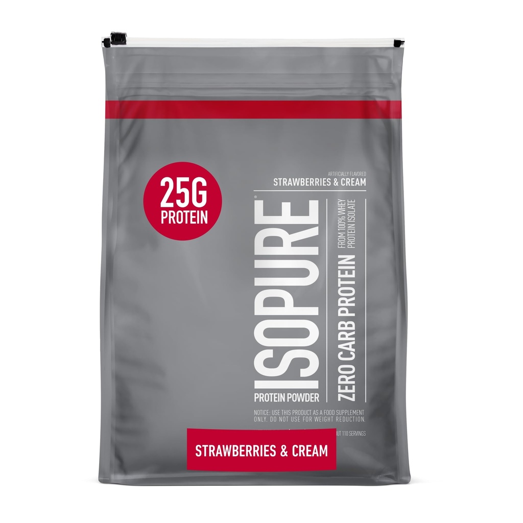 Isopure Zero Carb 100% Pure Whey Isolate Protein Powder, Lactose Free, Gluten Free, Med vitaminer, Jordbær & fløde, 25g Protein Per Servering, 7,5 Lbs, 110 Servering (Packaging May Vary)