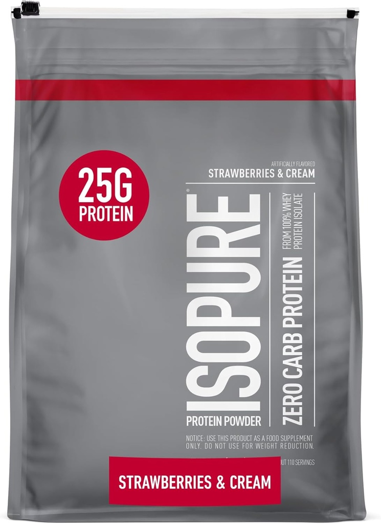 Isopure Zero Carb 100% Pure Whey Isolate Protein Powder, Lactose Free, Gluten Free, Med vitaminer, Jordbær & fløde, 25g Protein Per Servering, 7,5 Lbs, 110 Servering (Packaging May Vary)