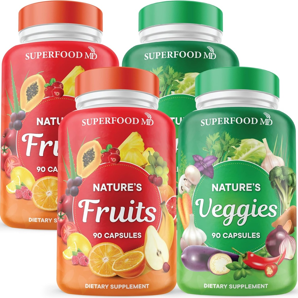 Superfood 180 Fruit and 180 Veggie Capsules - Whole Food Natural Superfoods - Maintain Energy Levels, with Aloe Vera - Soy Free (90 Count (Pack of 4)