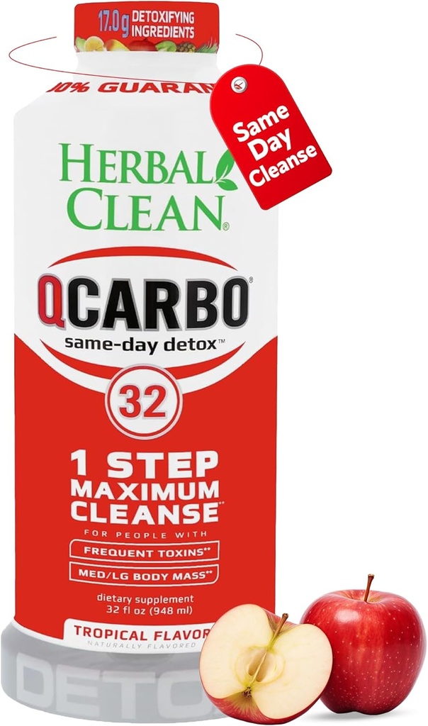 Herbal Clean Qcarbo32 Same-dag Detox Rensning drik (32 fl oz) - Tropical Flavor Full Body Rensning * Detox drik til moderat toksin niveau *, vitamin B2 og vitamin B12 til mænd og kvinder