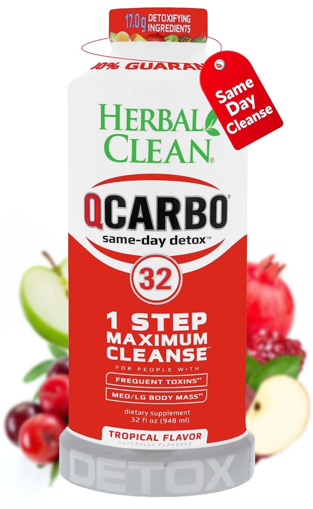 Herbal Clean Qcarbo32 Same-dag Detox Rensning drik (32 fl oz) - Tropical Flavor Full Body Rensning * Detox drik til moderat toksin niveau *, vitamin B2 og vitamin B12 til mænd og kvinder