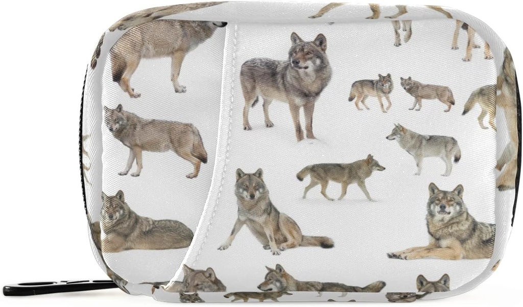 Animal Wolf Pill Box 7 Day Pill Case Travel Pill Organizer Bag with Zipper Portable Weekly Case Bag Compact Size for Vitamin Supplement Holder