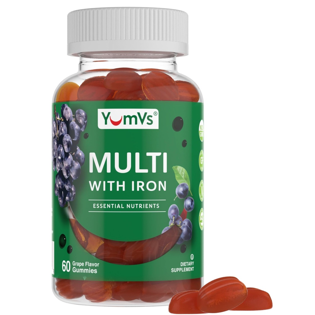YUM- V Iron Gummies - Multivitamin jerntilskud med C-vitamin, A, B & Zink, understøtter blod oxygen, Vegan Kosttilskud til kvinder, Mænd & Kids for Growth and Development - Grape Flavor