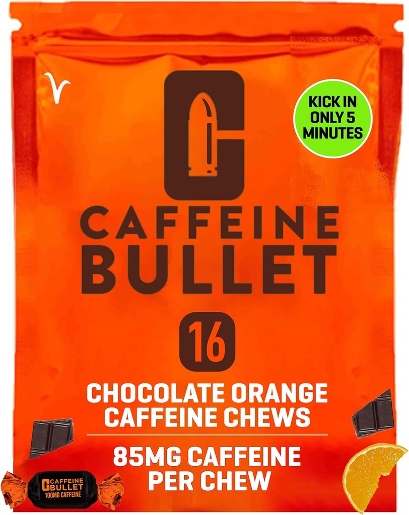 Koffein Bullet Energy Chews - Chokolade Orange. 16 * 85mg - Hurtigere Kick Than Pills, Gels & Gum. Sport Science for Running, Cykling, Gaming. En udholdenhedsprøve.
