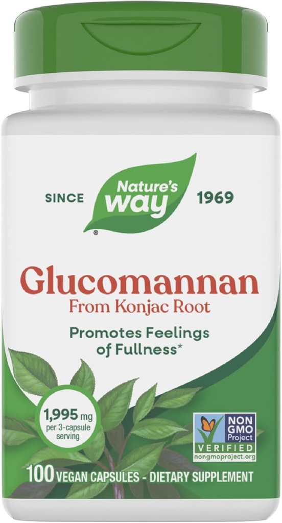 Nature 's Way Herbal Glucomannan fra Konjac Root Capsules, Promotions Feelings of Fullness *, 1,995 mg per 3-Capsule Serving, Non- GMO Project Verified, Vegan, 100 Capsules (Packaging May Vary)