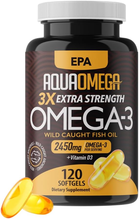 Triple Strength Omega 3 Fish Oil Supplements, High EPA Fish Oil Omega 3 Supplements, EPA og DHA Omega3 Fedtsyrer med D-vitamin, High Potence Omega3 Supplement, 120 Softgels, Unflavored