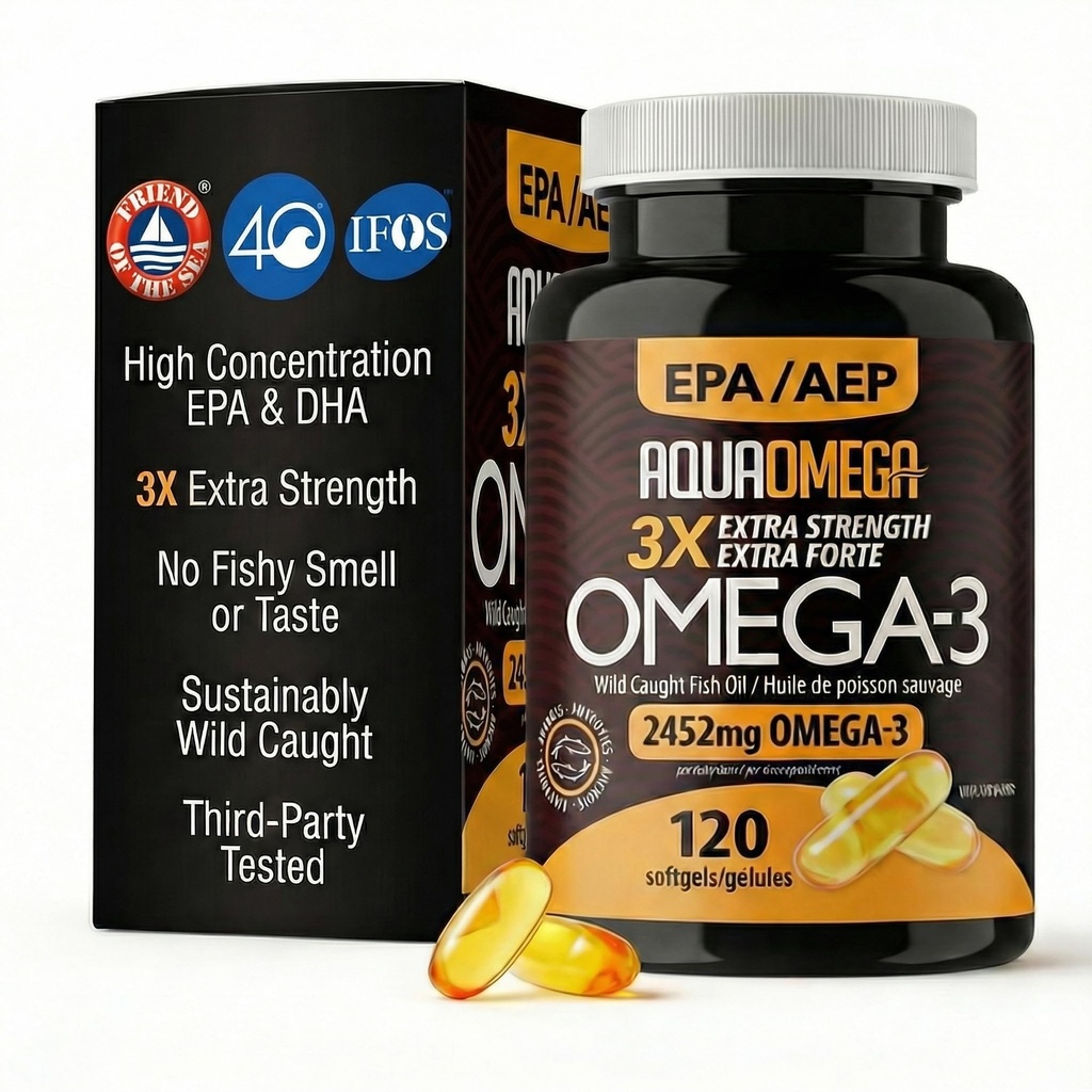 Triple Strength Omega 3 Fish Oil Supplements, High EPA Fish Oil Omega 3 Supplements, EPA og DHA Omega3 Fedtsyrer med D-vitamin, High Potence Omega3 Supplement, 120 Softgels, Unflavored