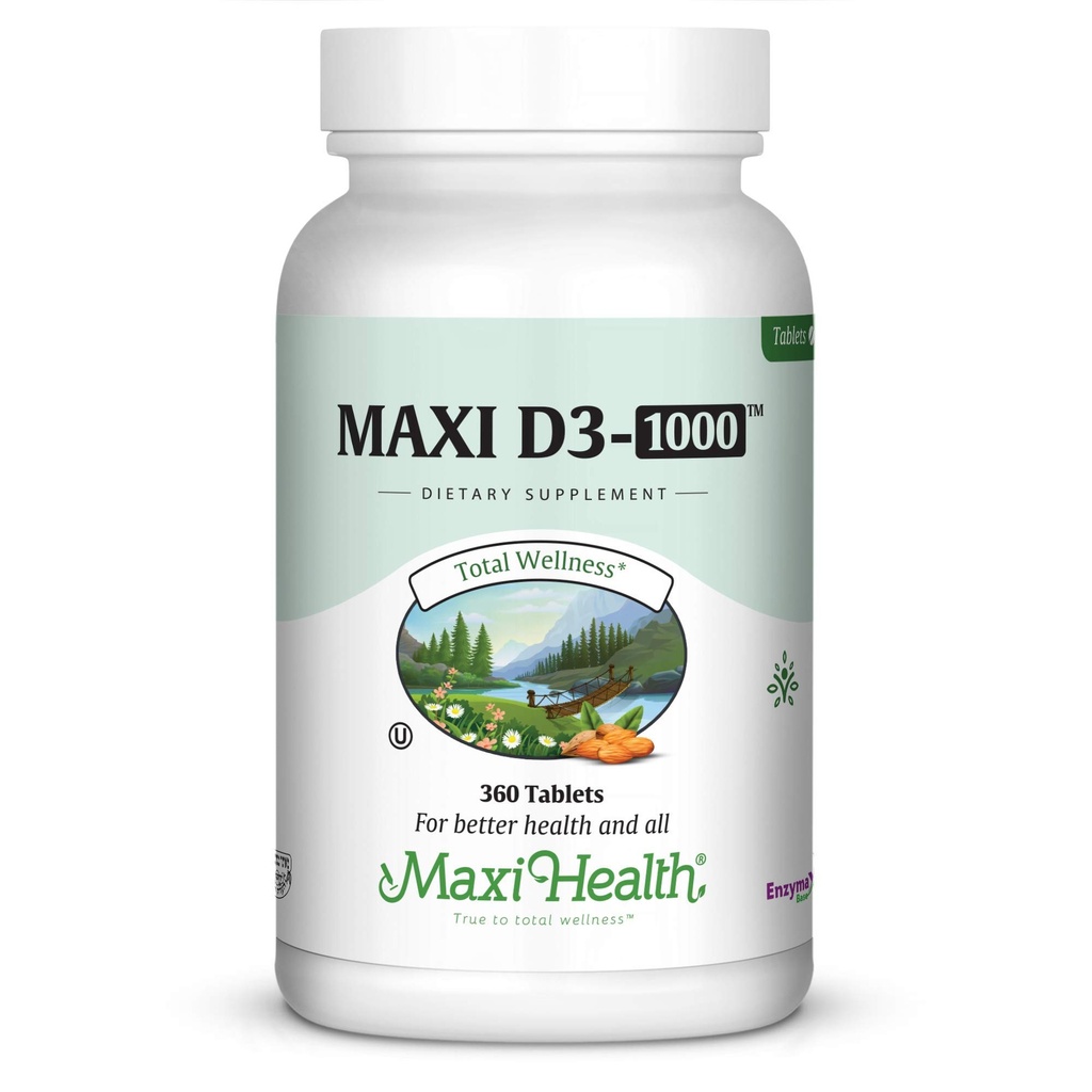 Maxi- Health Vitamin D3 1000 IE - for sund muskelfunktion, Knogle- og immunstøtte - 360 tabletter - Bedste Kosher supplement til voksne