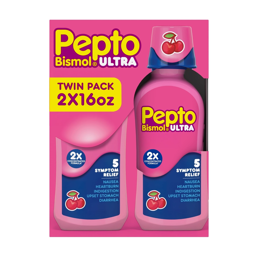 Pepto Bismol Liquid Ultra til Kvalme, Heartburn, Forstoppelse, Opsat Mave og Diarré - 5 Symptomer Fast Relief, Cherry Flavor 12 oz (pakke med 3)