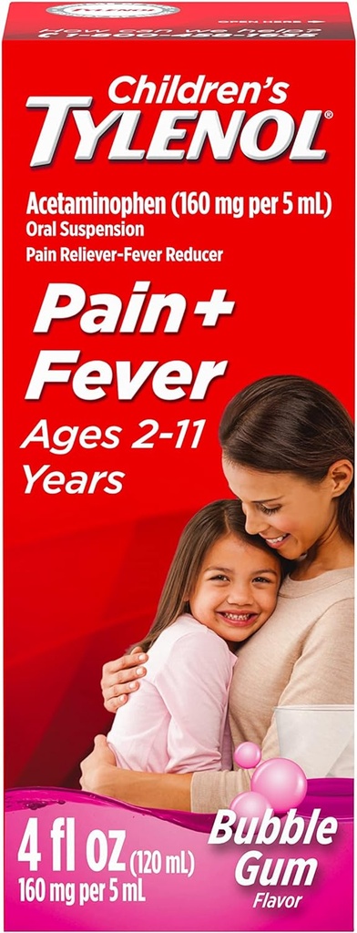 Børns Tylenol Oral Suspension Medicine, Kids 'flydende medicin Smerte Reliever & Feber Reducer for Cold + Flu Symptomer, Aspirin-, Ibuprofen- & Alkohol- Gratis, Bubble Gum, 4 fl. oz