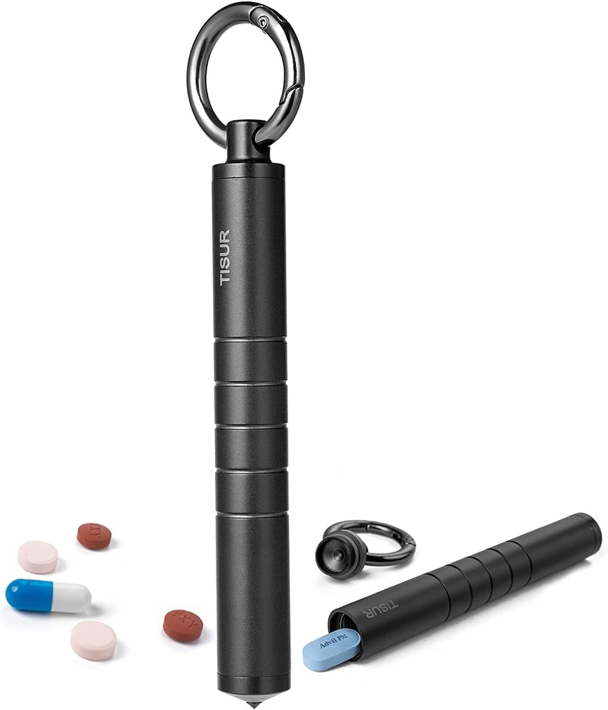 TISUR Small Metal Pill Organizer, Titanium Keychain Pill Holder Travel Pill Box Case Multitool EDC Every Day Carry for Men (Black Titanium)