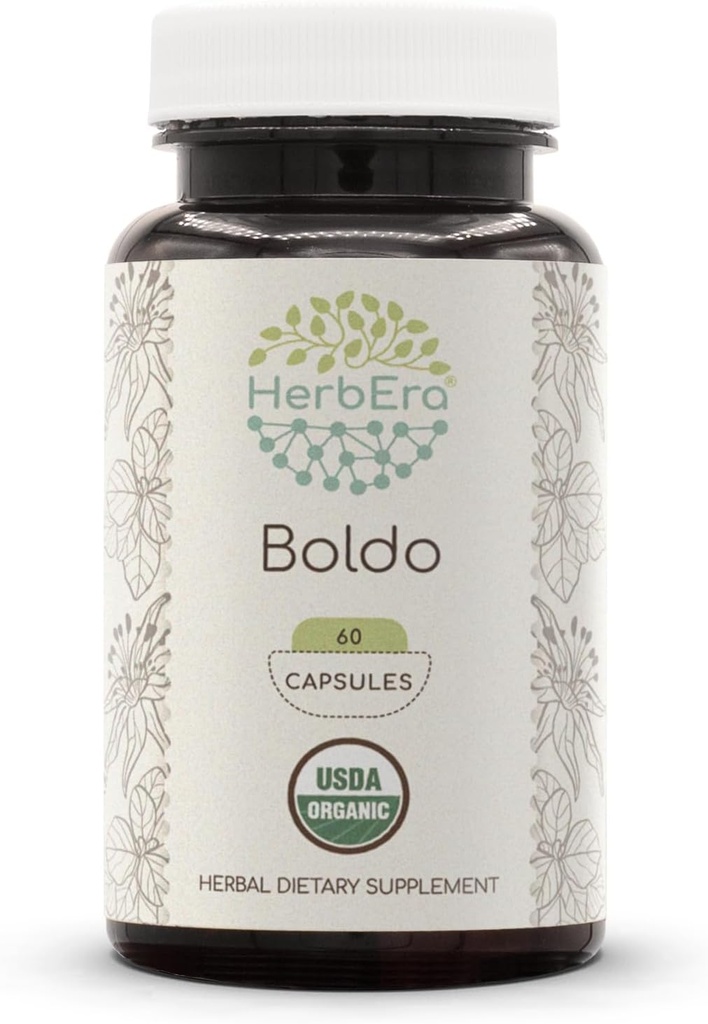 HerbEra Boldo USDA Organic 60 Capsules Depoter 124; Natural Herbal Support 124; Certified Organic Vegetary Capsules and Organic Boldo (Peumus boldus) Tørret blade (60 Kapsler)
