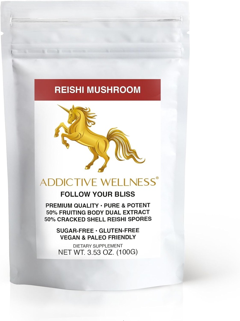 Addictive Wellness Reishi Mushroom Extract Powder + Sporer (50 / 50 Blend) Træ dyrket Pure & Potent Wildcrafted Ganoderma (100 Bedste)